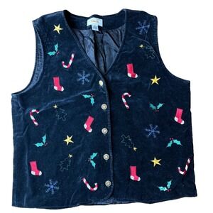 TALBOTS Christmas Vest Womens Medium Black Velvet Holiday Lined Button Up V-neck